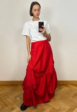 Red Silky Maxi Skirt, A-Line Taffeta Long Skirt