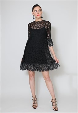 60's Ladies Vintage Dress Black White Lace Sheer Smock Mini