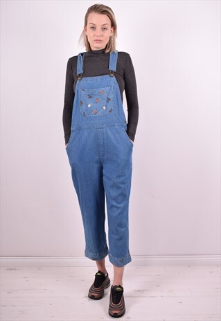WOMENS VINTAGE DENIM DUNGAREES LARGE BLUE 90'S