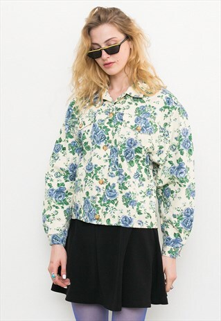 CREAM WHITE FLORAL BLUE GREEN FLOWERS WOMEN'S DENIM JACKET