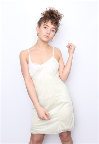 VINTAGE 90S PALE YELLOW LACE SLIP MINI DRESS