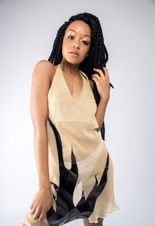 GOLD METALLIC MESH HALTER MINI DRESS WITH PVC FLAME