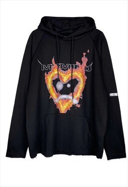 Flame heart hoodie fire Graffiti oversized pullover black
