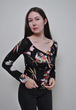 Vintage y2k flowers blouse, pullover stretchy blouse SMALL