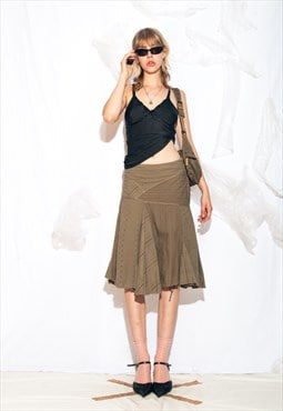 Vintage Y2K Whimsigoth Patchwork Midi Skirt in Khaki