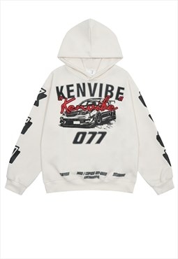 Racing hoodie car print pullover retro moto jumper in white