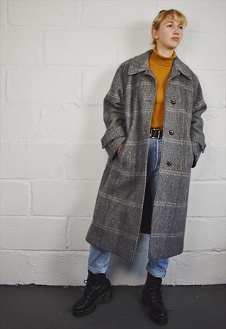 VINTAGE CHECK WOOL WINTER COAT GREY