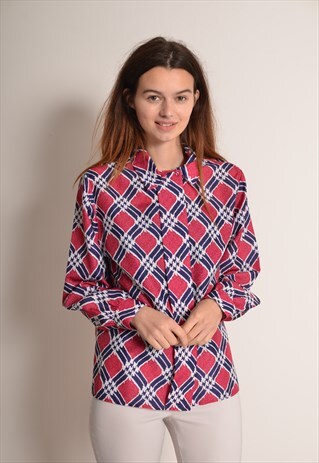 VINTAGE 80S ABSTRACT DOGTOOTH CHECK BLOUSE IN RED