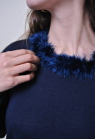 80S DISCO FAKE FUR SWEATSHIRT, VINTAGE WOMEN PARTY JUMPER