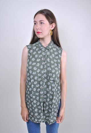VINTAGE GREEN FLOWERS SLEEVELESS COLLARED BLOUSE, SIZE M