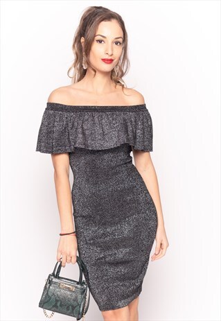 BODYCON METALLIC FRILL BARDOT BANDAGE DRESS IN SLIVER BLACK