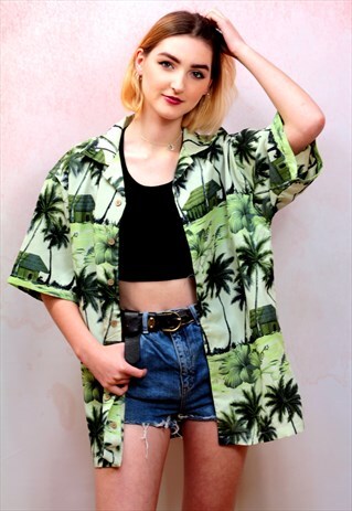 1990S VINTAGE BLUE GREEN AND BLACK OVERSIZED HAWAIIAN SHIRT