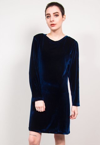 VINTAGE 90'S NAVY BLUE VELVET LONG SLEEVE OVERSIZED DRESS