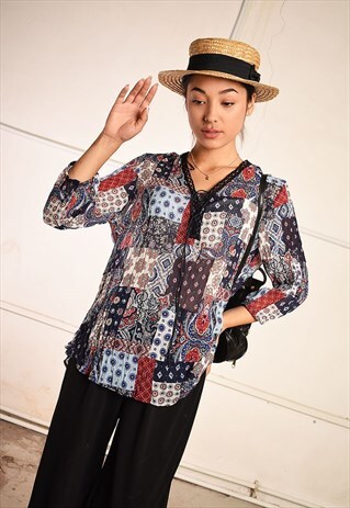 90'S RETRO SHEER ABSTRACT PRINT FESTIVAL TUNIC TOP