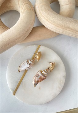 Gold Grey Faux Shell Dainty Organic  Drop Earrings