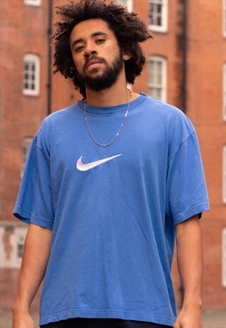 VINTAGE NIKE CENTRE TICK T SHIRT IN BLUE