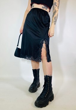 Vintage 90s 00s Y2K Satin Lace Black Midi Slip Skirt