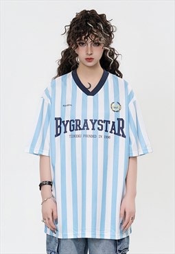 Football t-shirt striped tee retro sports top in white blue