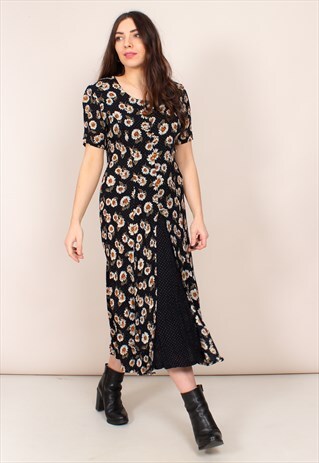 VINTAGE 80S DAISY PRINT SPLIT FRONT MIDI DRESS