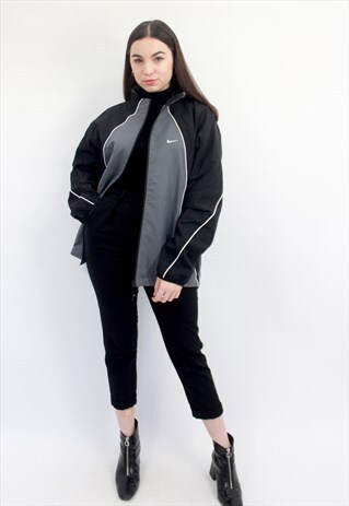 90'S RETRO GREY & BLACK TRACK JACKET W/ LOGO ON BACK