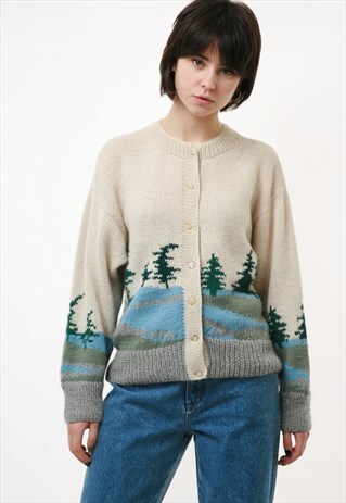 70S VINTAGE WOOL HAND KNIT EMBROIDERED FARM SWEATER 2662