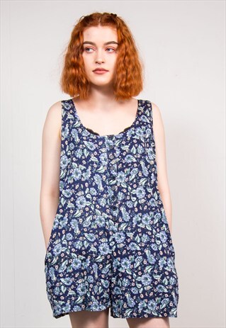 90'S VINTAGE BLUE FLORAL PATTERN SUMMER BOHO PLAYSUIT