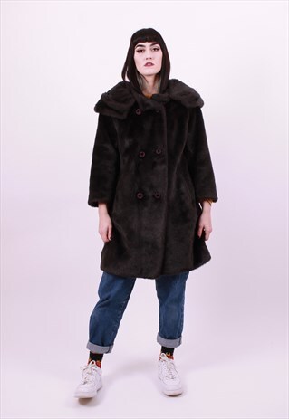VINTAGE 50'S BLACK FAUX FUR 3 QUARTER SLEEVE COAT SIZE MED
