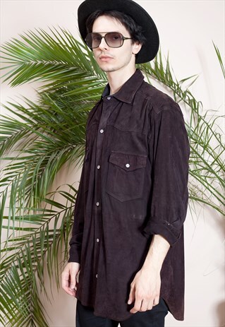 MENS VINTAGE LONG SLEEVE, SUEDE, BUTTON UP SHIRT