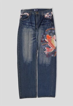 Vintage Japanese Embroidered Koi Denim Jeans in Blue