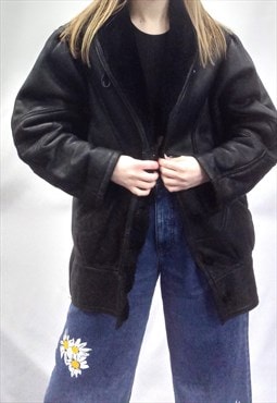 Vintage 80s Real Sheepskin Jacket Black Leather 