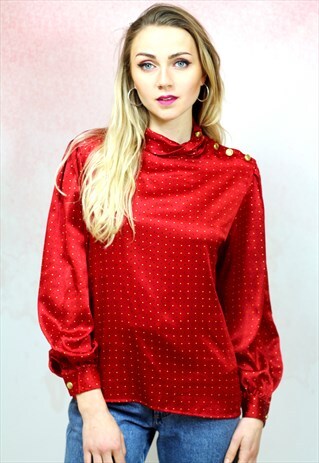 1980S VINTAGE RED SILKY HIGH NECK TOP WITH POLKA DOTS