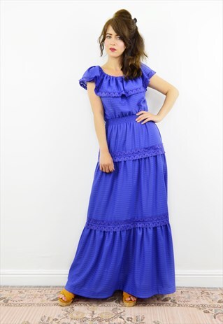 70S BOHO HIPPY BLUE TIERED LACE TRIM MAXI DRESS