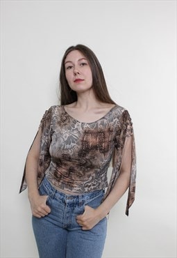 Vintage 90s printed blouse, brown lace blouse hippie floral