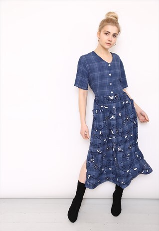 VINTAGE 90S NAVY CHECK FLORAL PRINT MIDI DRESS