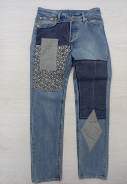 Straight Leg Jeans Mid Wash Blue Patchwork