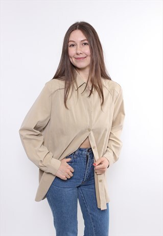 90S BEIGE COLOR MINIMALIST BLOUSE, VINTAGE OVERSIZED SHIRT