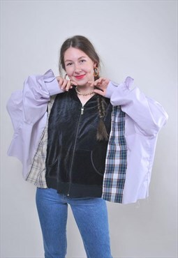 Vintage reworked zipped up hoodie, upcycled plaid shirt  