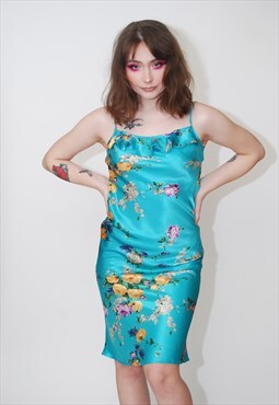 Floral Slinky Dress (S) vintage 90s liquid sheath turquoise