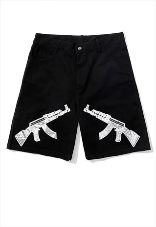 Machine gun shorts gun patch crop wide overalls in black