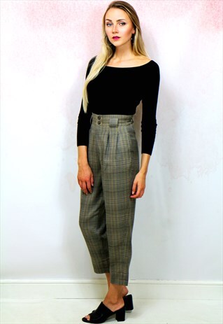 1980S VINTAGE BROWN CHECK WOOL HIGH WAIST TROUSERS