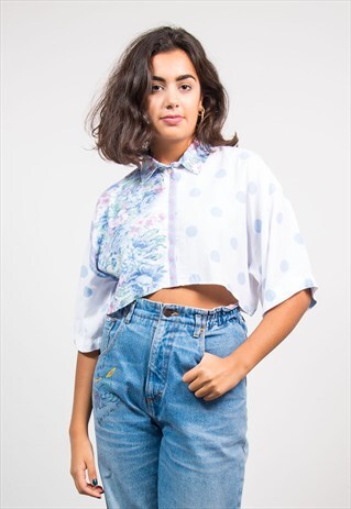 VINTAGE 90'S WHITE FLORAL POLKA DOT PATTERN CROPPED SHIRT