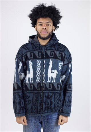 VINTAGE 90S PATTERNED WOOL KNIT HOODIE