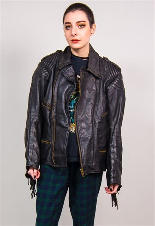VINTAGE BLACK LEATHER BIKER TASSEL JACKET