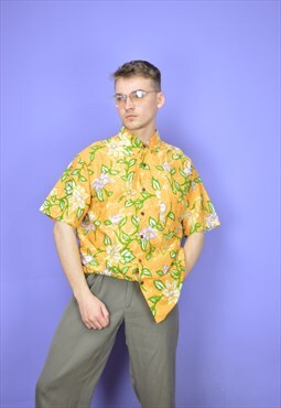 Vintage yellow graphic flower print short sleeve shirt