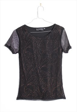 90s Grunge Y2k Goth Black Fishnet Mesh Gold Glitter Top