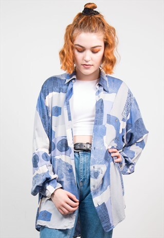 VINTAGE 90'S BLUE WAVEY PATTERN LONG SLEEVE SHIRT