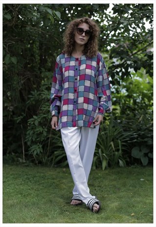 VINTAGE 70'S MULTI COLOUR CHECKED LONG SLEEVE BLOUSE