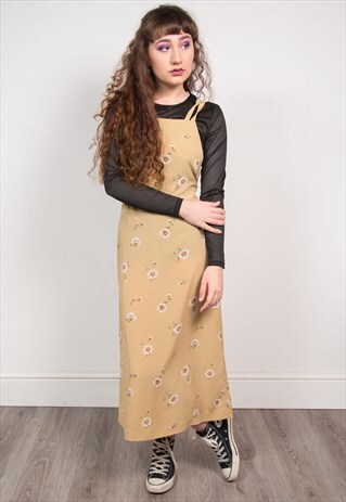 VINTAGE 90'S MIDI DRESS BEIGE DAISY PRINT STRAPPY