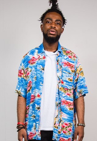 VINTAGE 90'S BLUE FLORAL HAWAIIAN SHIRT