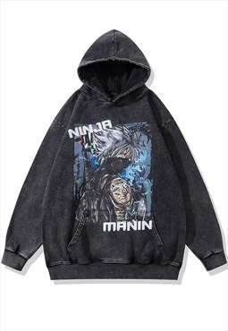 Anime print hoodie Japanese pullover ninja slogan top grey